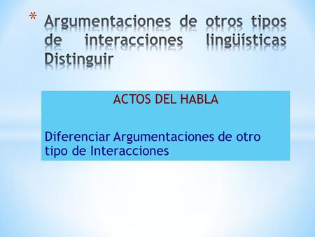 Argumentaciones de otros tipos de interacciones lingüísticas Distinguir ACTOS DEL HABLA Diferenciar Argumentaciones de otro tipo de Interacciones.
