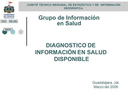 Grupo de Información en Salud DIAGNOSTICO DE INFORMACIÓN EN SALUD DISPONIBLE COMITÉ TÉCNICO REGIONAL DE ESTADÍSTICA Y DE INFORMACIÓN GEOGRÁFICA. Guadalajara,