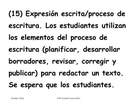 (15) Expresión escrita/proceso de escritura. Los estudiantes utilizan los elementos del proceso de escritura (planificar, desarrollar borradores, revisar,