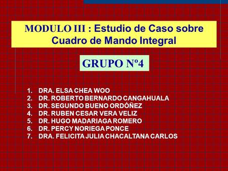 GRUPO Nº4 1.DRA. ELSA CHEA WOO 2.DR. ROBERTO BERNARDO CANGAHUALA 3.DR. SEGUNDO BUENO ORDÓÑEZ 4.DR. RUBEN CESAR VERA VELIZ 5.DR. HUGO MADARIAGA ROMERO 6.DR.