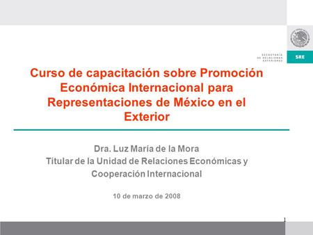 1 Curso de capacitación sobre Promoción Económica Internacional para Representaciones de México en el Exterior Dra. Luz María de la Mora Titular de la.