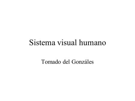 Sistema visual humano Tomado del Gonzáles. El ojo humano Un sistema de cámara oscura con: –Córnea (protexión externa) –Iris (Diafragma, controla la cantidad.