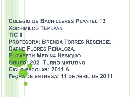 Colegio de Bachilleres Plantel 13 Xochimilco Tepepan TIC II Profesora: Brenda Torres Resendiz. Dafne Flores Peñaloza. Elizabeth Medina Hesiquio Grupo: