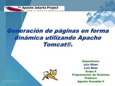 Generación de páginas en forma dinámica utilizando Apache Tomcat®. Expositores: Luis Ehlen Luis Báez Grupo 8 Programación de Sistemas Profesor: Agustín.