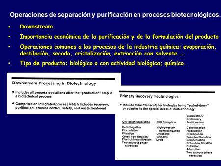 Operaciones de separación y purificación en procesos biotecnológicos.