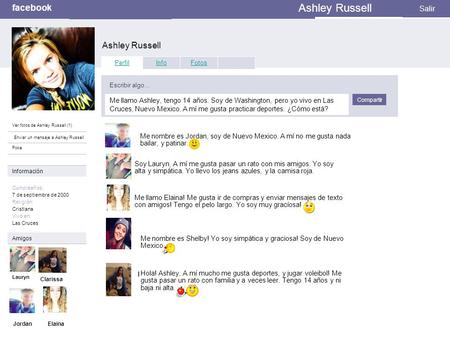 Facebook Perfil Salir Ver fotos de Ashley Russell (1) Enviar un mensaje a Ashley Russell Poke Perfil InfoFotos Me llamo Ashley, tengo 14 años. Soy de Washington,
