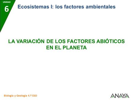 UNIDAD 6 Biología y Geología 4.º ESO Ecosistemas I: los factores ambientales LA VARIACIÓN DE LOS FACTORES ABIÓTICOS EN EL PLANETA.