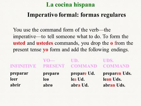 Imperativo formal: formas regulares 1. You use the command form of the verb—the imperative—to tell someone what to do. To form the usted and ustedes commands,
