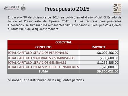 Presupuesto 2015 El pasado 30 de diciembre de 2014 se publicó en el diario oficial El Estado de Jalisco el Presupuesto de Egresos 2015. A Los recursos.