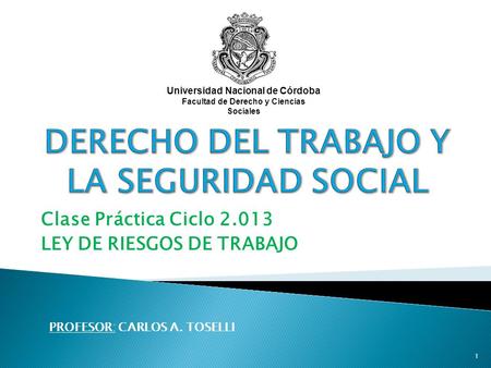 Clase Práctica Ciclo 2.013 LEY DE RIESGOS DE TRABAJO PROFESOR: CARLOS A. TOSELLI 1 Universidad Nacional de Córdoba Facultad de Derecho y Ciencias Sociales.