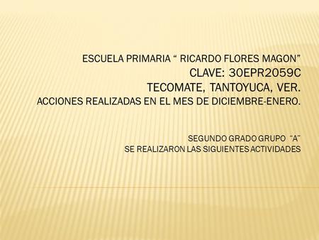 ESCUELA PRIMARIA “ RICARDO FLORES MAGON” CLAVE: 30EPR2059C TECOMATE, TANTOYUCA, VER. ACCIONES REALIZADAS EN EL MES DE DICIEMBRE-ENERO. SEGUNDO GRADO.