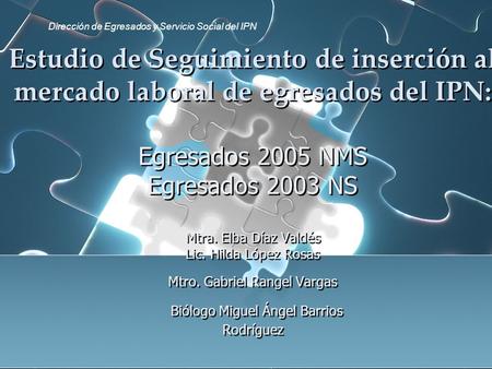 Estudio de Seguimiento de inserción al mercado laboral de egresados del IPN: Egresados 2005 NMS Egresados 2003 NS Mtra. Elba Díaz Valdés Lic. Hilda López.