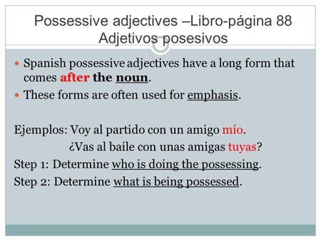 Possessive adjectives –Libro-página 88 Adjetivos posesivos