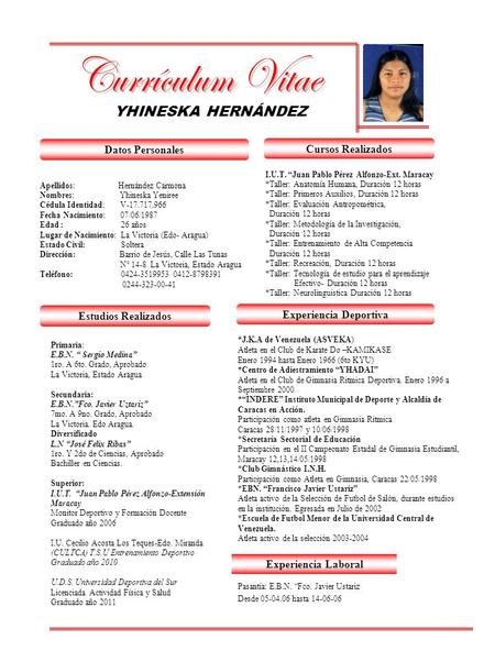 YHINESKA HERNÁNDEZ Datos Personales Estudios Realizados Cursos Realizados Experiencia Deportiva Apellidos: Hernández Carmona Nombres: Yhineska Yeniree.
