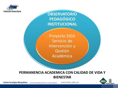 OBSERVATORIO PEDAGÓGICO INSTITUCIONAL Proyecto SIGA Servicio de Intervención y Gestión Académica PERMANENCIA ACADEMICA CON CALIDAD DE VIDA Y BIENESTAR.