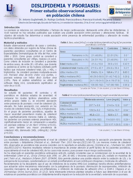 DISLIPIDEMIA Y PSORIASIS: Primer estudio observacional analítico en población chilena Introducción La psoriasis se relaciona con comorbilidades y factores.