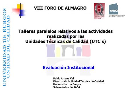 VIII FORO DE ALMAGRO Talleres paralelos relativos a las actividades realizadas por las Unidades Técnicas de Calidad (UTC´s) Evaluación Institucional Pablo.