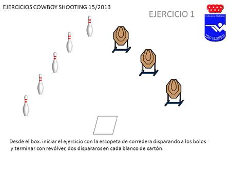 EJERCICIOS COWBOY SHOOTING 15/2013 EJERCICIO 1 Desde el box. iniciar el ejercicio con la escopeta de corredera disparando a los bolos y terminar con revólver,
