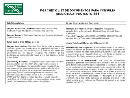 F-25 CHECK LIST DE DOCUMENTOS PARA CONSULTA (BIBLIOTECA) PROYECTO 486 Brief Description:Breve Descripción del Proyecto: Project Name and Location: Wastewater.