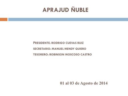 APRAJUD ÑUBLE 01 al 03 de Agosto de 2014 P RESIDENTE: RODRIGO CUEVAS RUIZ SECRETARIO: MANUEL MENDY QUIERO TESORERO: ROBINSON MOSCOSO CASTRO.
