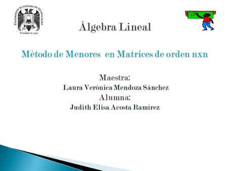 Álgebra Lineal Método de Menores en Matrices de orden nxn Maestra: Laura Verónica Mendoza Sánchez Alumna: Judith Elisa Acosta Ramírez.