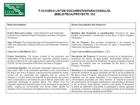 F-25 CHECK LIST DE DOCUMENTOS PARA CONSULTA (BIBLIOTECA) PROYECTO 352 Brief Description:Breve Descripción del Proyecto: Project Name and Location : Water.