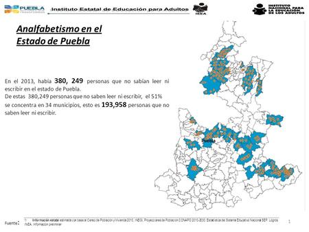 Analfabetismo en el Estado de Puebla 1 Puebla En el 2013, había 380, 249 personas que no sabían leer ni escribir en el estado de Puebla. De estas 380,249.
