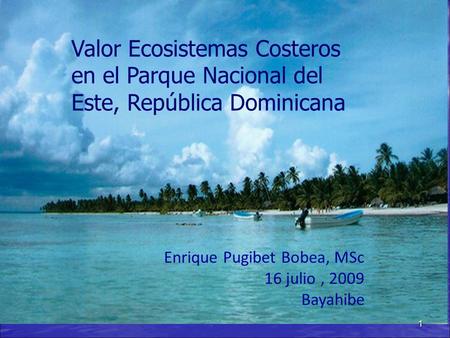 Valor Ecosistemas Costeros en el Parque Nacional del Este, República Dominicana Enrique Pugibet Bobea, MSc 16 julio , 2009 Bayahibe.