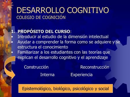 DESARROLLO COGNITIVO COLEGIO DE COGNICIÓN 1.PROPÓSITO DEL CURSO 1.PROPÓSITO DEL CURSO: Introducir al estudio de la dimensión intelectual Ayudar a comprender.