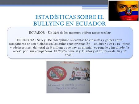 Estadísticas sobre el Bullying en Ecuador ECUADOR · Un 32% de los menores sufren acoso escolar ENCUESTA INFA y DNI 'Mi opinión sí cuenta' Los insultos.
