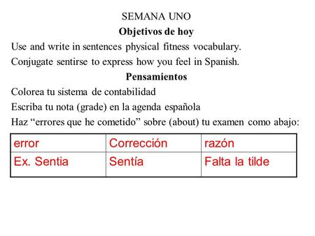 SEMANA UNO Objetivos de hoy Use and write in sentences physical fitness vocabulary. Conjugate sentirse to express how you feel in Spanish. Pensamientos.