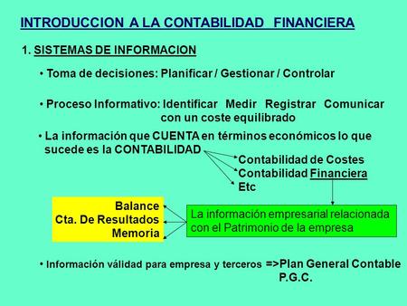 INTRODUCCION A LA CONTABILIDAD FINANCIERA 1. SISTEMAS DE INFORMACION Toma de decisiones: Planificar / Gestionar / Controlar Contabilidad de Costes Contabilidad.