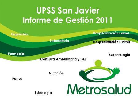UPSS San Javier Informe de Gestión 2011 Urgencias Hospitalización I nivel Hospitalización II nivel Partos Consulta Ambulatoria y P&P Odontología Laboratorio.