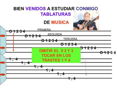 BIEN VENIDOS A ESTUDIAR CONMIGO TABLATURAS DE MUSICA 1, 4 O 1 2 3 4 PRIMERA SEGUNDA TERCERA O 1 2 3 4 1, 4 OMITIR EL 0 2 Y 3 TOCAR EN LOS TRASTES 1 Y 4.