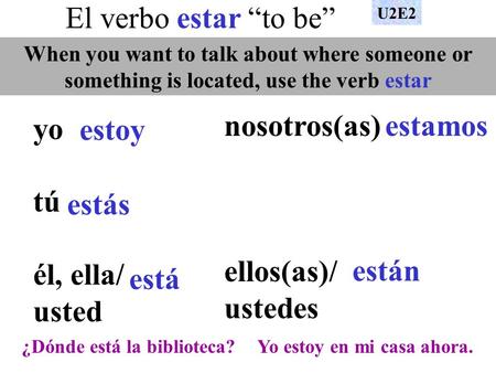 El verbo estar “to be” When you want to talk about where someone or something is located, use the verb estar yo tú él, ella/ usted nosotros(as) ellos(as)/