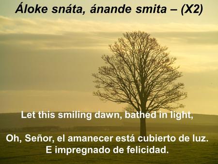Áloke snáta, ánande smita – (X2) Let this smiling dawn, bathed in light, Oh, Señor, el amanecer está cubierto de luz. E impregnado de felicidad.