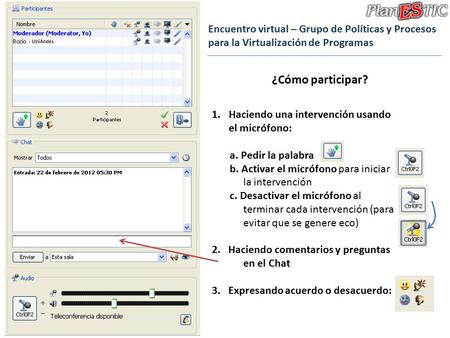 Encuentro virtual – Grupo de Políticas y Procesos para la Virtualización de Programas ¿Cómo participar? 1.Haciendo una intervención usando el micrófono: