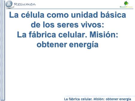 La fábrica celular. Misión: obtener energía La célula como unidad básica de los seres vivos: La fábrica celular. Misión: obtener energía.