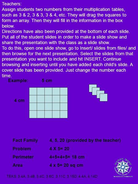 Fact Family4, 5, 20 (provided by the teacher) Problem4 X 5= 20 Perimeter4+5+4+5= 18 cm Area4 x 5= 20 sq cm 5 cm 4 cm Example: Teachers: Assign students.