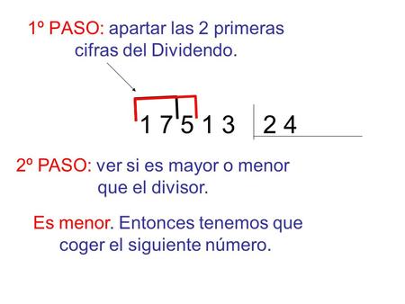 1º PASO: apartar las 2 primeras cifras del Dividendo.