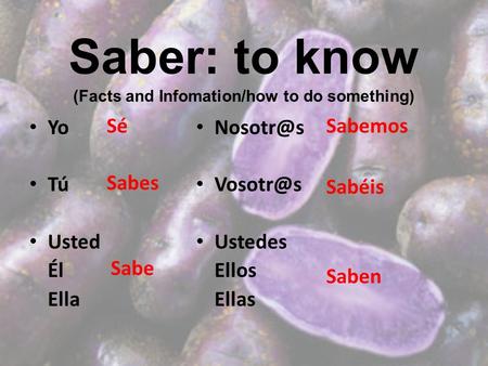 Saber: to know (Facts and Infomation/how to do something) Yo Tú Usted Él Ella  Ustedes Ellos Ellas Sé Sabes Sabe Sabemos Sabéis Saben.