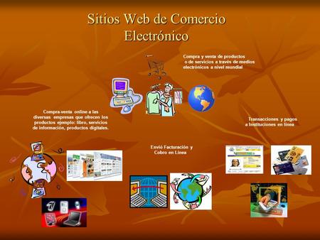 Sitios Web de Comercio Electrónico Compra y venta de productos o de servicios a través de medios electrónicos a nivel mundial Compra-venta online a las.