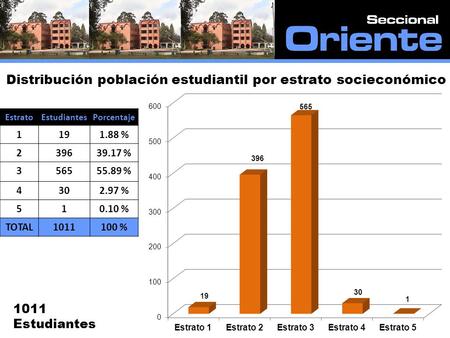 Distribución población estudiantil por estrato socieconómico EstratoEstudiantes Porcentaje 1191.88 % 239639.17 % 356555.89 % 4302.97 % 510.10 % TOTAL1011100.