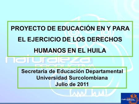 PROYECTO DE EDUCACIÓN EN Y PARA EL EJERCICIO DE LOS DERECHOS HUMANOS EN EL HUILA Secretaría de Educación Departamental Universidad Surcolombiana Julio.