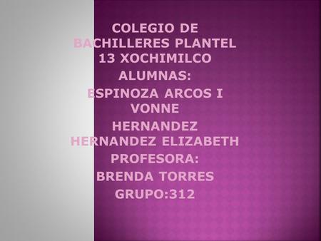 COLEGIO DE BACHILLERES PLANTEL 13 XOCHIMILCO ALUMNAS: ESPINOZA ARCOS I VONNE HERNANDEZ HERNANDEZ ELIZABETH PROFESORA: BRENDA TORRES GRUPO:312.