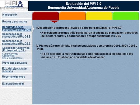 Evaluación del PIFI 3.0 Benemérita Universidad Autónoma de Puebla Introducción Edo. del ejercicio de recursos Evaluación global Resultados de la evaluación.
