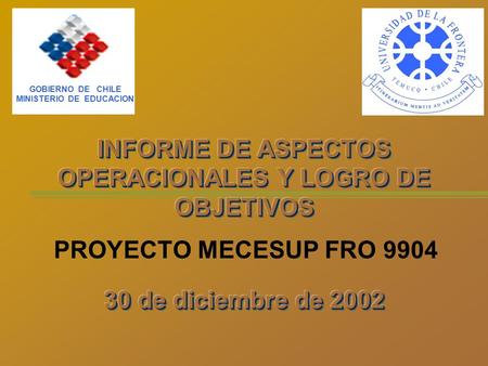 GOBIERNO DE CHILE MINISTERIO DE EDUCACION PROYECTO MECESUP FRO 9904.