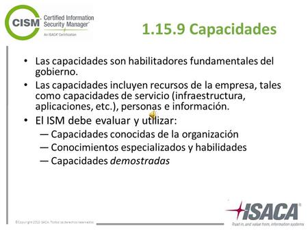 ©Copyright 2013 ISACA. Todos los derechos reservados. 1.15.9 Capacidades Las capacidades son habilitadores fundamentales del gobierno. Las capacidades.