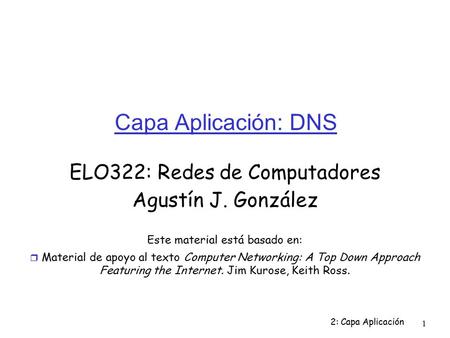 Capa Aplicación: DNS ELO322: Redes de Computadores Agustín J. González