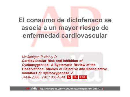 El consumo de diclofenaco se asocia a un mayor riesgo de enfermedad cardiovascular AP al día [